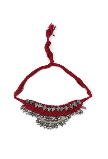 Red Thread & German Silver Tribal Choker With Ghunghroos